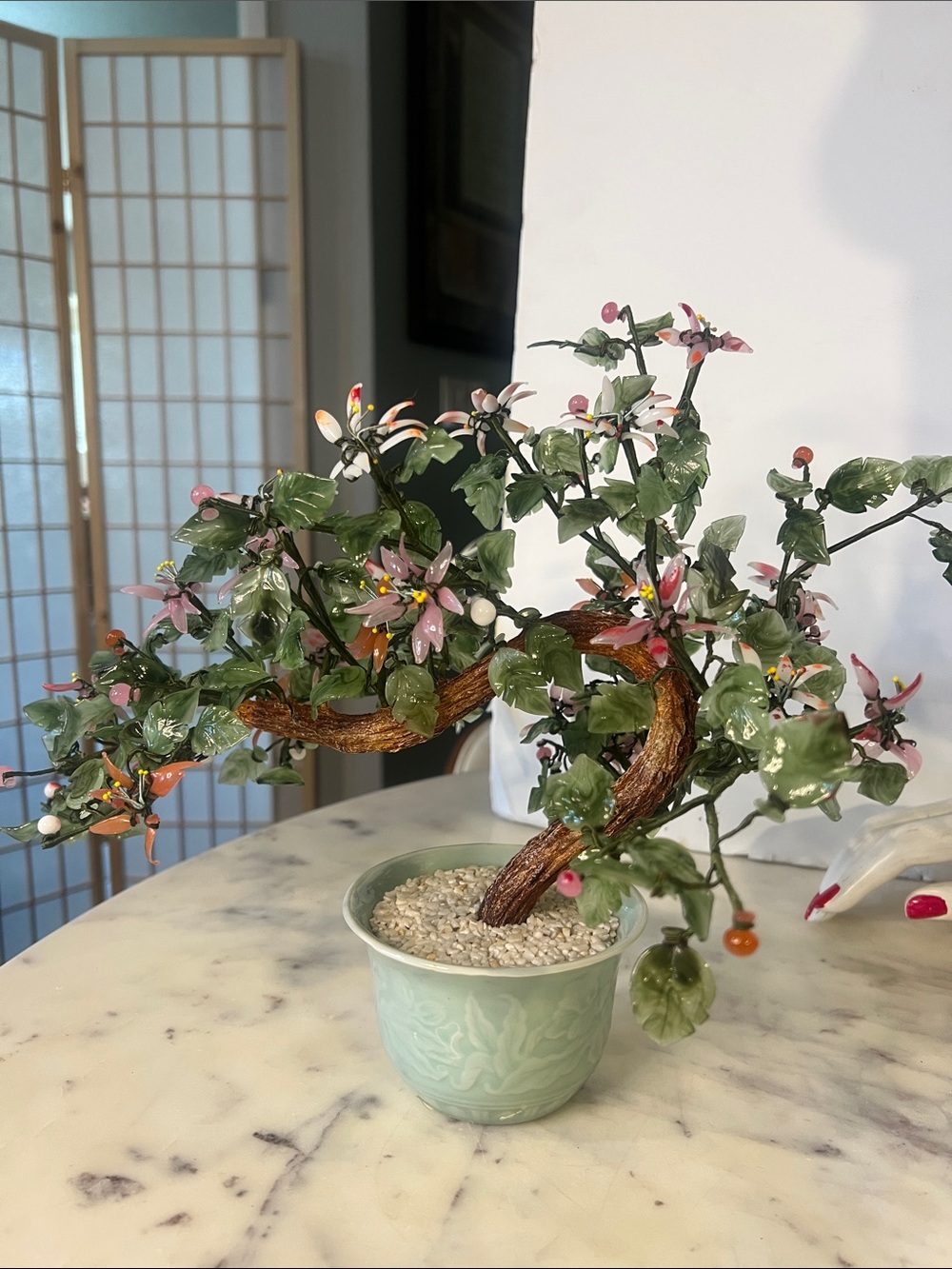 Vintage Chinese Jade Bonsai Tree Rose Quartz Glass Flowers Celadon Pot 14” Decor